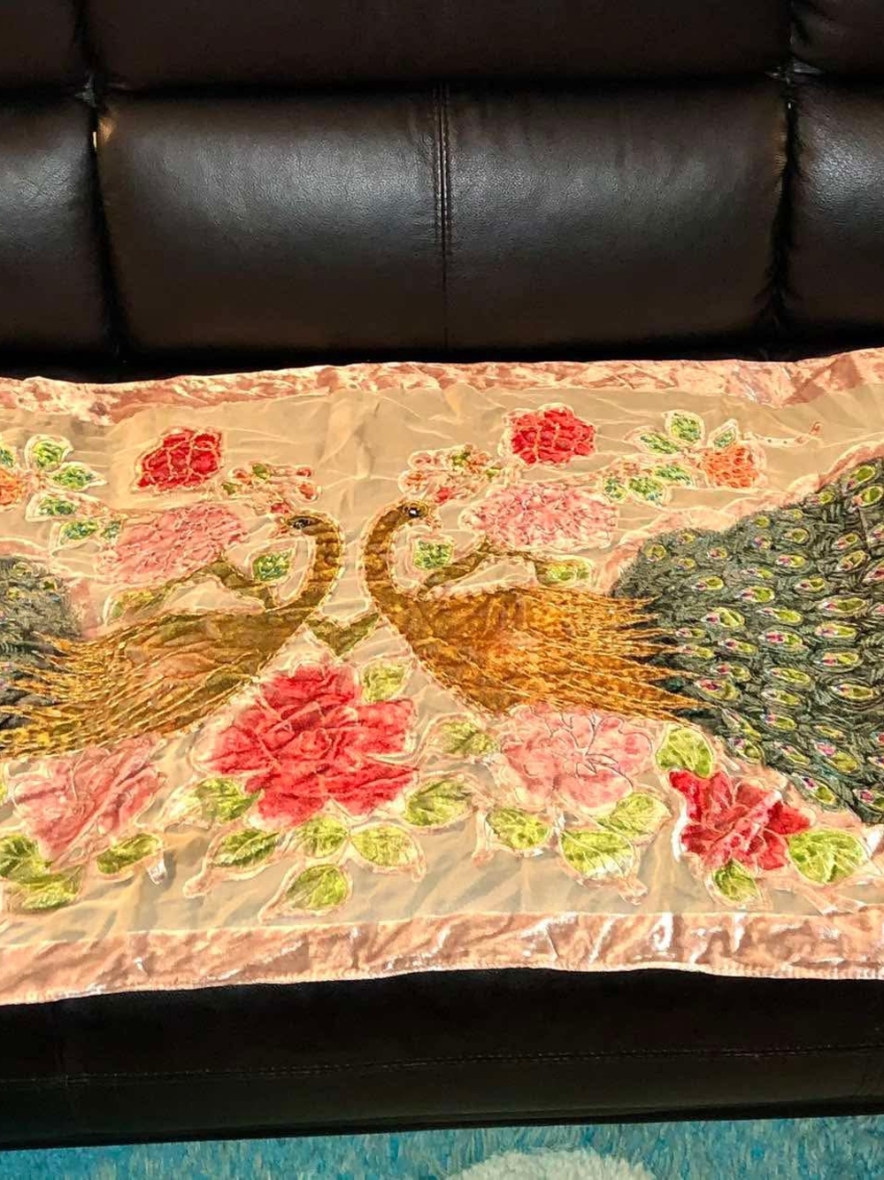 Vintage embroidered silk velvet peacock shawl